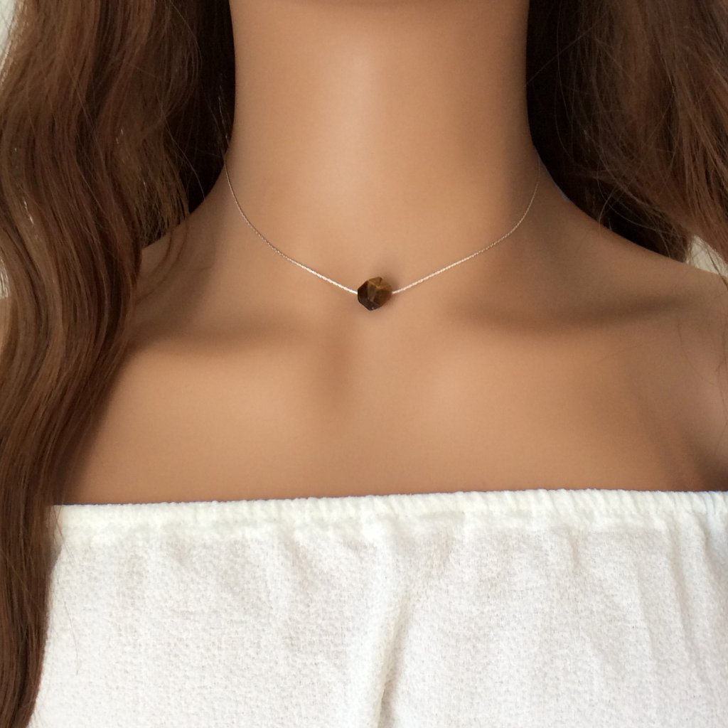 Tigers Eye Choker Necklace, Sterling Silver, Gemstone Choker